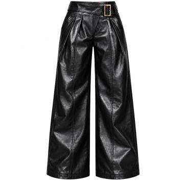 Pantalón de cuero negro de talle alto y pernera ancha con cinturón para mujer