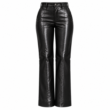 Pantalón de cuero negro de talle alto y corte acampanado para mujer