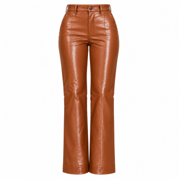 Pantalón de cuero marrón coñac de talle alto y corte acampanado para mujer