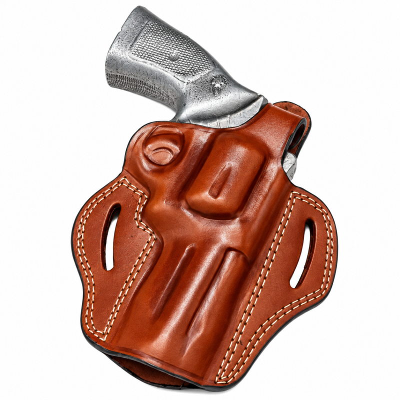 Brown leather Ruger SP101 OWB holster with molded revolver profile and dual belt slots