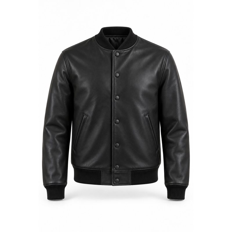 Chaqueta varsity de piel a medida con broches - Frontal completo y siete broches negros