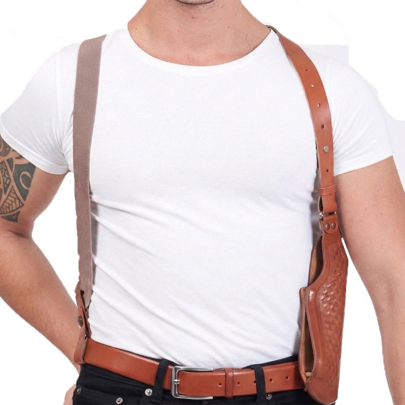 Funda de hombro de cuero marrón con estampado de cesta y portacargador - Vista 5