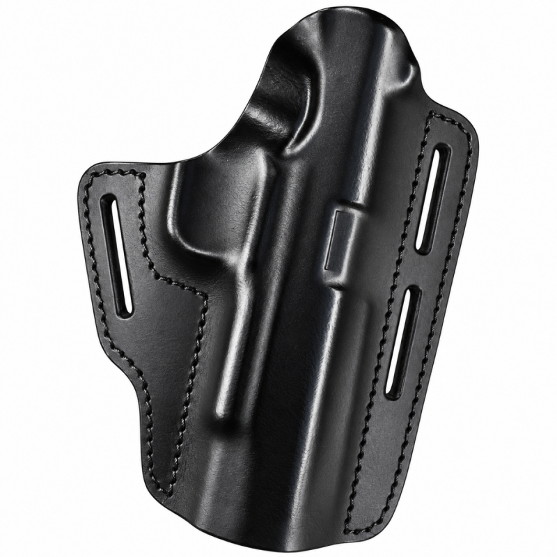 Black leather Colt 1911 OWB pancake holster with molded contours and four belt slots