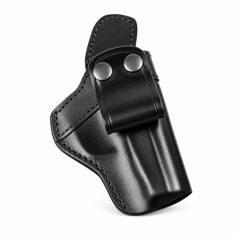 Black leather IWB holster with wide double-snap belt loop and contoured stitching