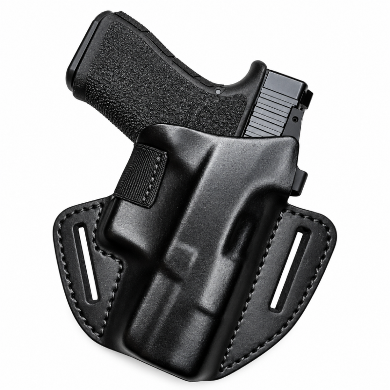 Black leather Glock 43X MOS OWB holster with molded body, stitched belt slots and elastic detail