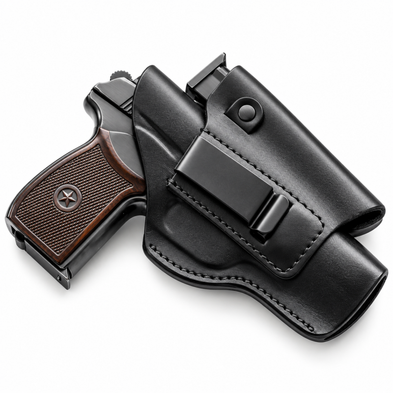 Funda IWB de cuero negro con portacargador integrado y cierre con botón a presión, vista frontal