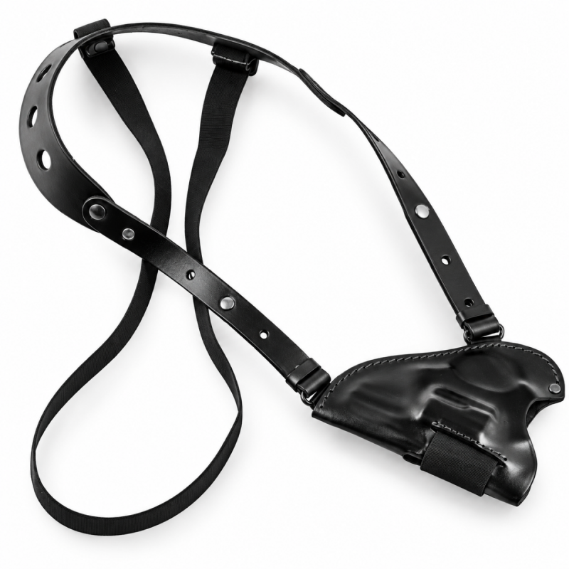Black leather Ruger SP101 shoulder holster with adjustable harness and molded revolver body