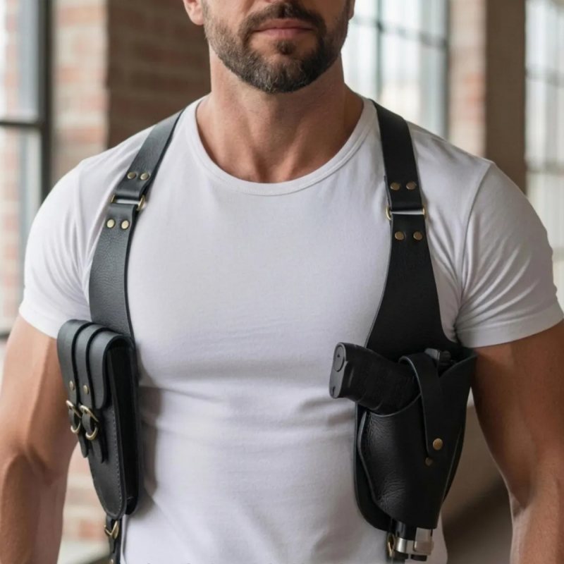 Funda de hombro de cuero negro con portacargador doble - Vista 5