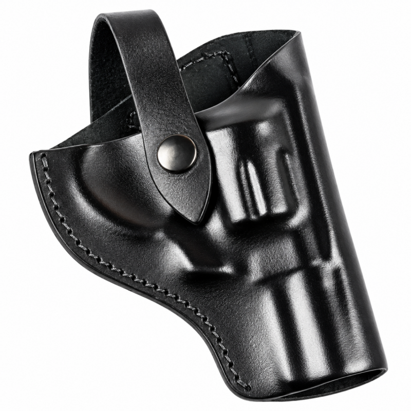 Rear view of black leather snub nose revolver holster with stitched belt attachment
