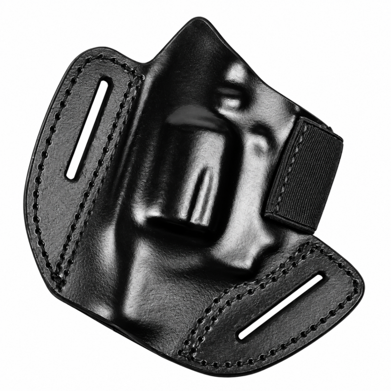 Black leather revolver holster worn on a belt with a compact revolver and elastic retention band