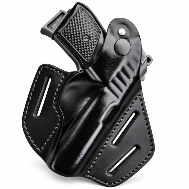 Black leather Walther PPK OWB holster with molded construction and stitched belt slots