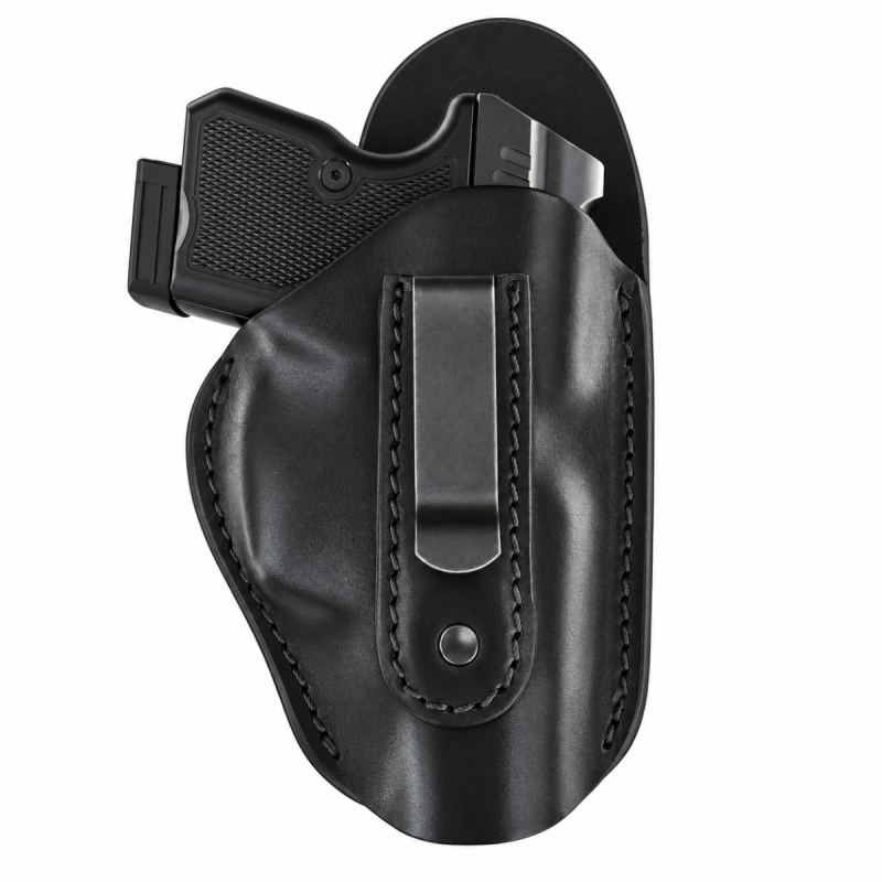 Black leather ZVI Kevin IWB holster showing metal belt clip, stitched leather panel and extended backing
