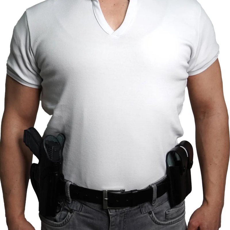Funda de hombro y cinturón de cuero negro con portacargador doble - Vista 12