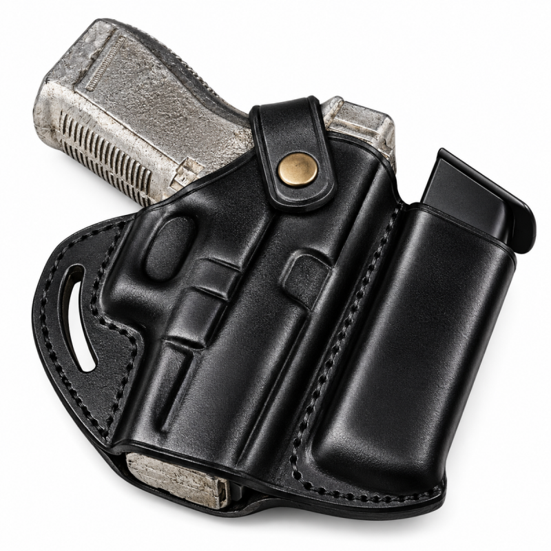 Funda para cinturón de cuero negro hecha a mano con portacargador integrado, vista frontal