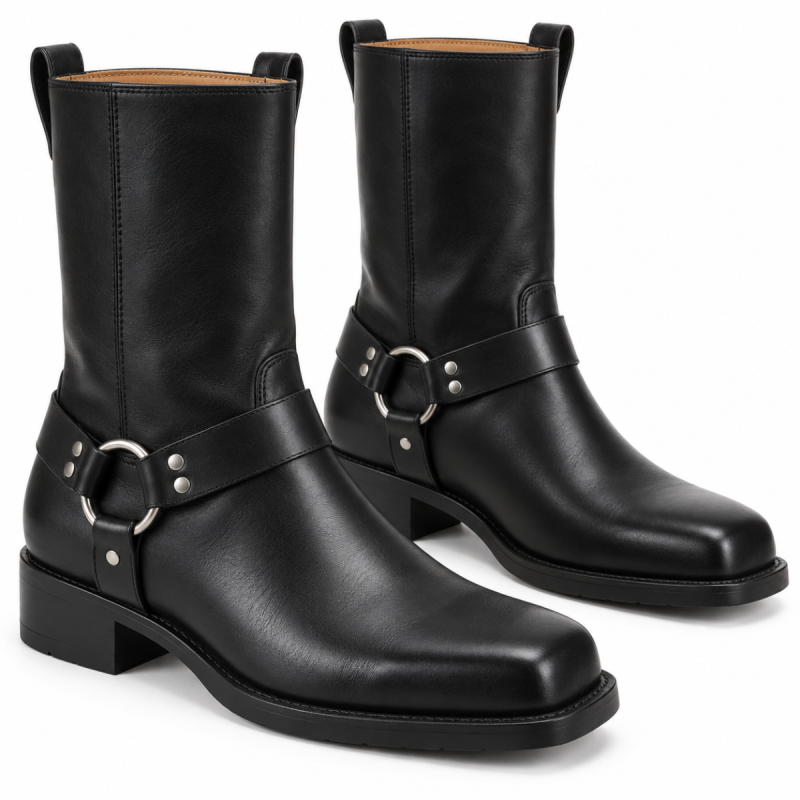 Par de botas con arnés de punta cuadrada de cuero negro con anillos en el tobillo en tono plateado y tacones bajos negros.