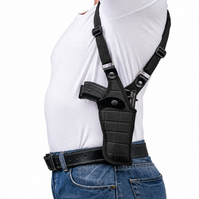 Funda táctica vertical negra para hombro que se usa debajo del brazo con correas ajustables y retención a presión.