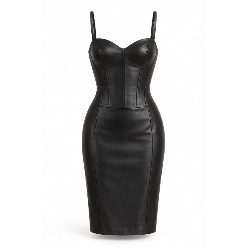 Vestido corsé de piel con ballenas a medida - Frontal completo, escote corazón y falda recta