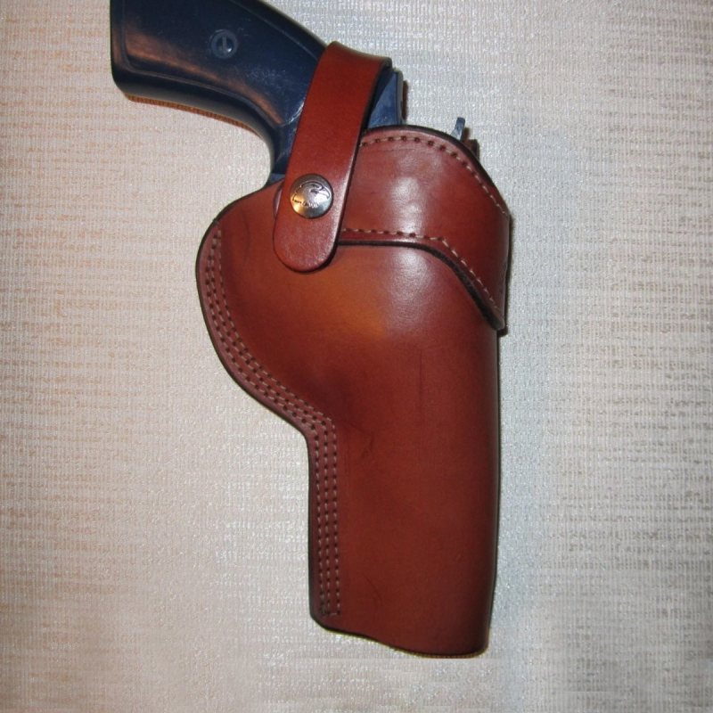 Funda exterior OWB de cuero marrón para revólver con correa de retención - Vista 3