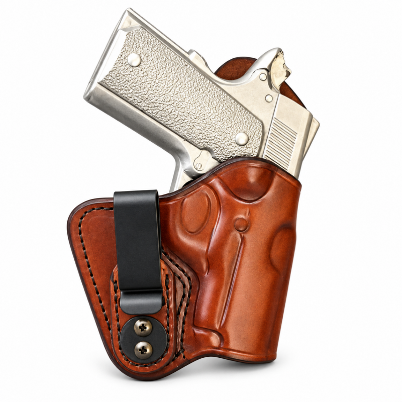 Brown leather 1911 Commander IWB holster with molded design and detailed stitching