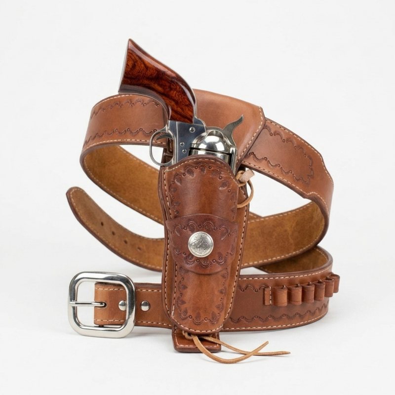 Cinturón Western de cuero marrón con funda para revólver de desenfunde rápido y detalle de concho - Vista 10