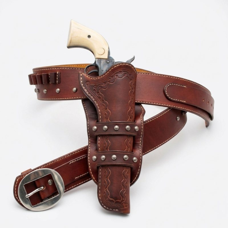 Cinturón Western de cuero marrón con funda para revólver y trabillas para cartuchos - Vista 4