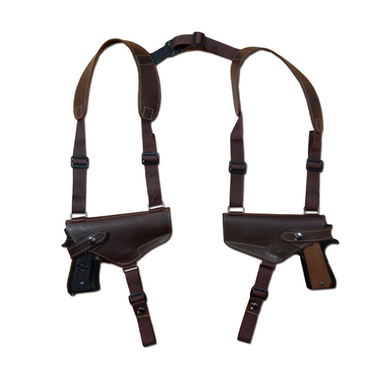 Funda de hombro horizontal de cuero marrón para dos pistolas con arnés de cinta - Vista 9