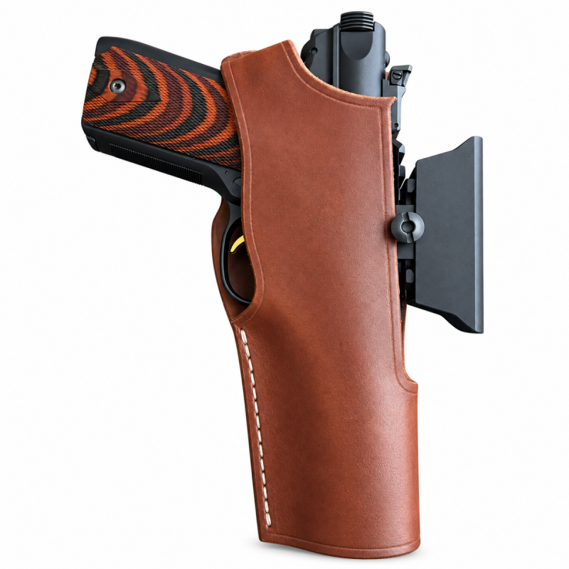 Brown leather Ruger Mark IV thumb break holster with classic stitching and snap retention