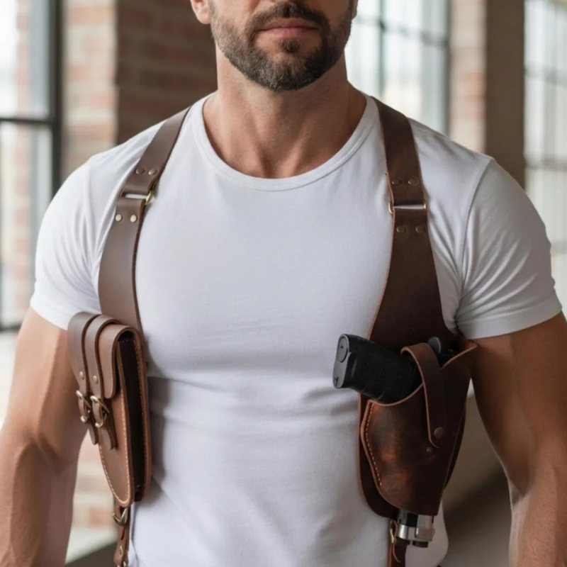 Funda de hombro de cuero marrón con portacargador doble - Vista 1