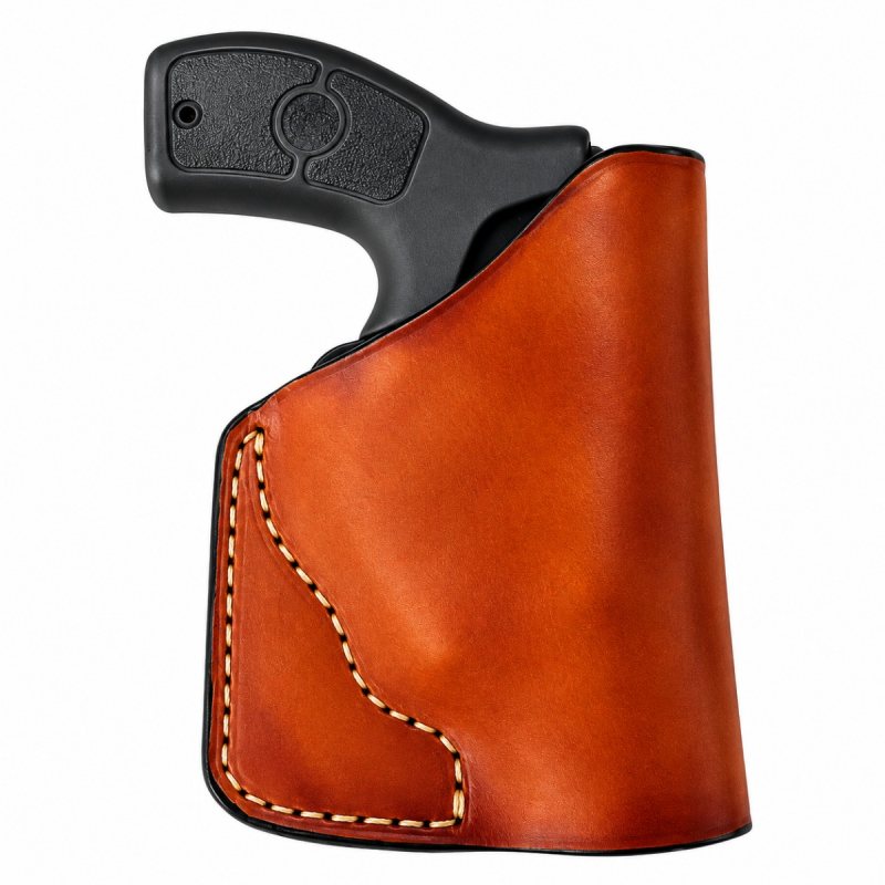 Brown leather snub nose revolver pocket holster with tan stitching on white background