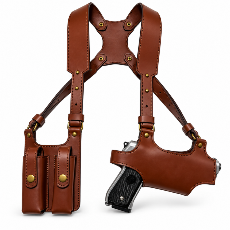 Brown leather tactical-style shoulder holster harness with dual accessory pouches, adjustable shoulder straps and brass-tone hardware