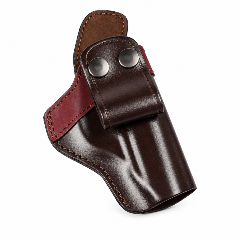 Dark brown leather Walther PPK IWB holster with double-snap belt loop and stitched backing