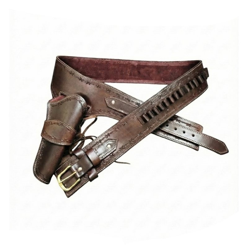 Cinturón portaarmas western de cuero marrón con funda y trabillas para cartuchos - Vista 5