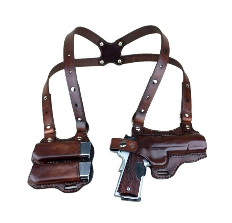 Funda de hombro horizontal artesanal de cuero marrón con portacargador doble - Vista 12