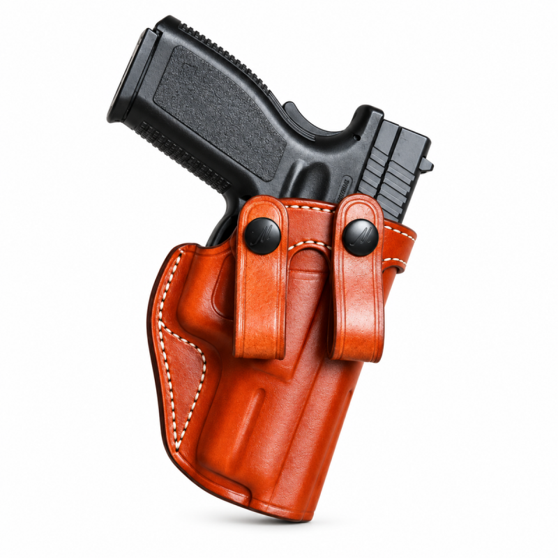 Funda IWB de cuero marrón con presillas dobles
