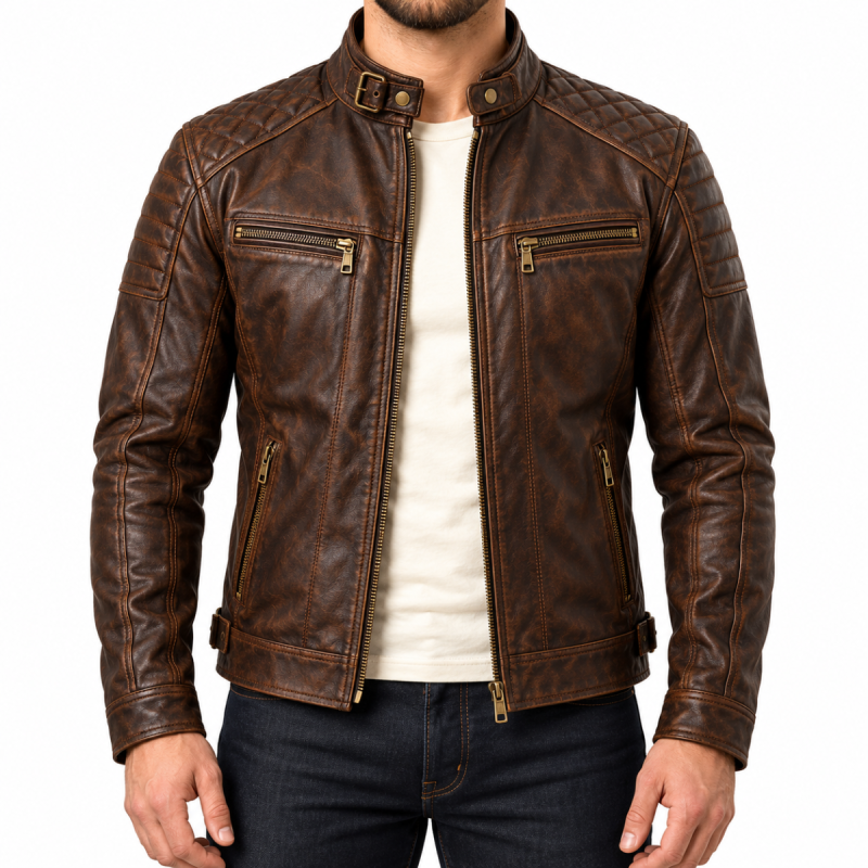 Chaqueta motera de cuero marrón oscuro acolchado vintage para hombre - Vista 1