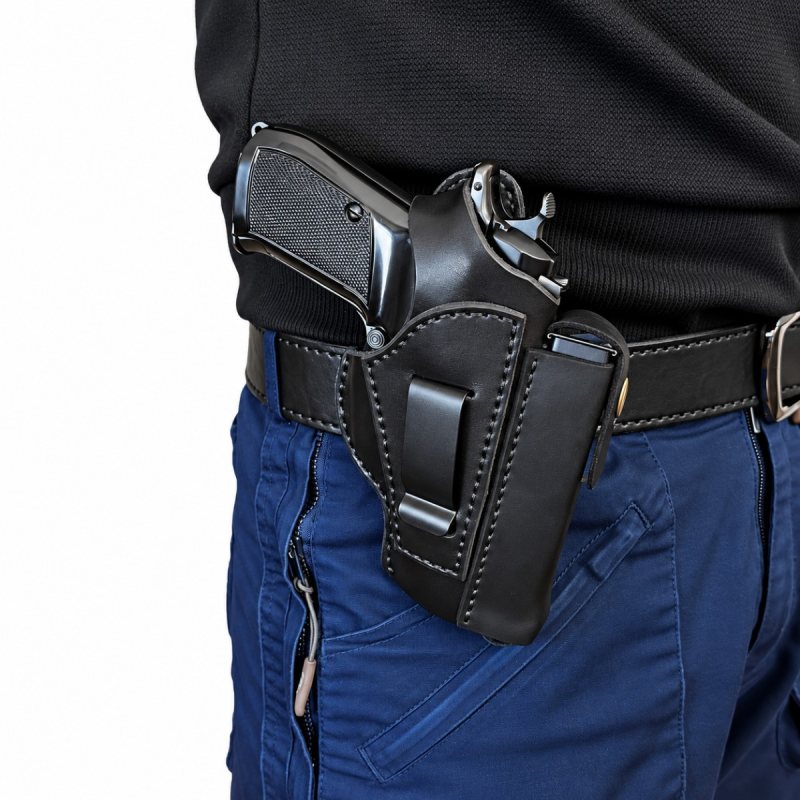 Black leather CZ 82 holster with magazine pouch worn on a black belt