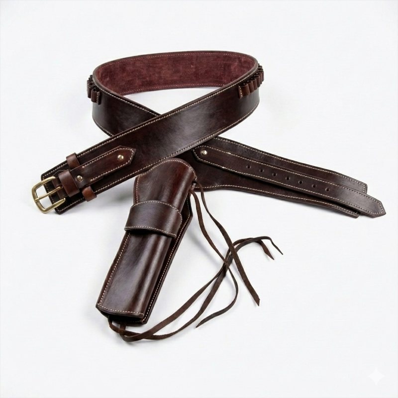 Cinturón Western de cuero marrón con funda para revólver y trabillas para cartuchos - Vista 1