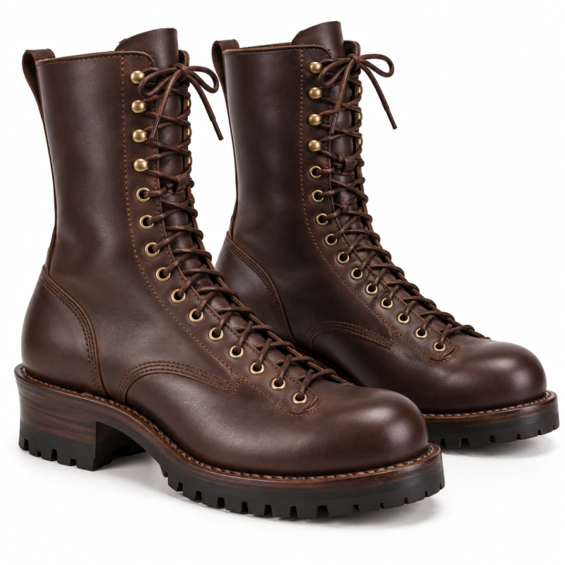Par de botas logger con cordones hasta la punta de cuero marrón oscuro con ojales en tono latón, tacones elevados y suelas dentadas negras.