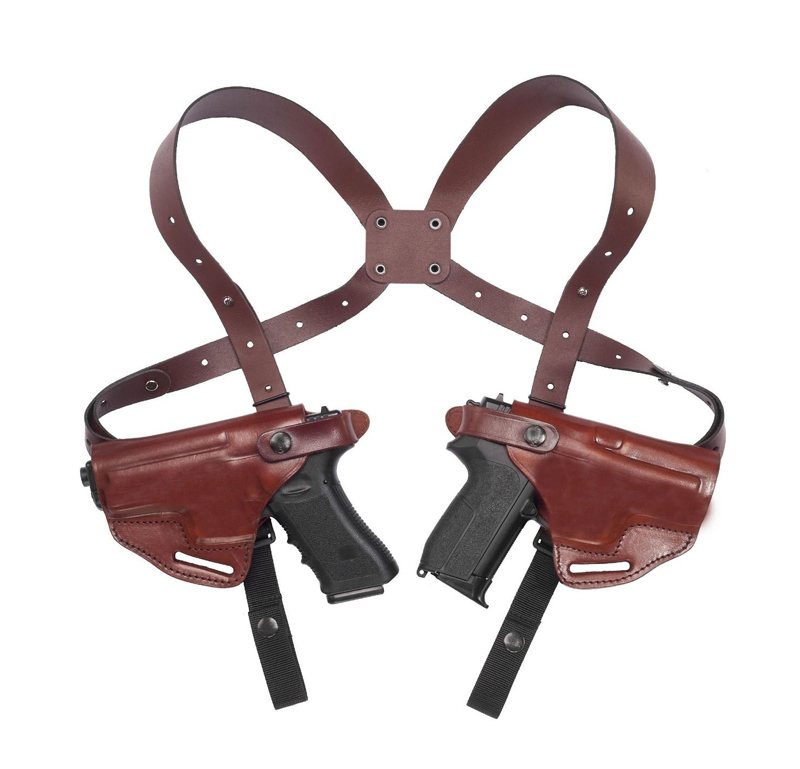 Funda de hombro horizontal artesanal de cuero marrón para dos pistolas - Vista 13