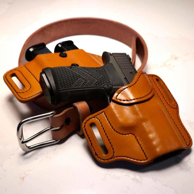 Kit EDC de funda exterior OWB de cuero color habana con cinturón portaarmas - Vista 1