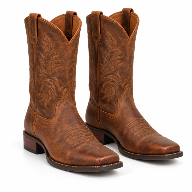 Distressed brown square toe cowboy boots with decorative Western stitching on a white background.