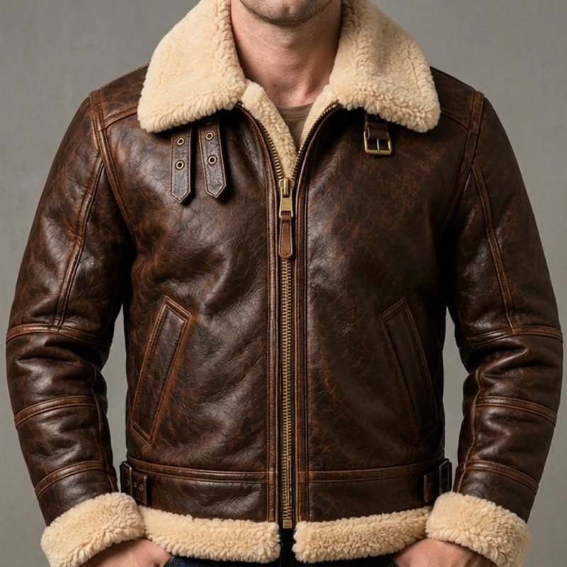 Male model wearing vintage brown leather aviator jacket