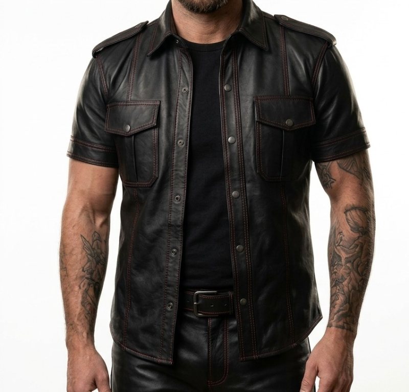 Camisa motera de cuero negro de calidad superior de manga corta con botones para hombre - Vista 1