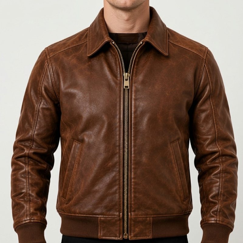 Men's vintage tobacco brown leather bomber jacket front view