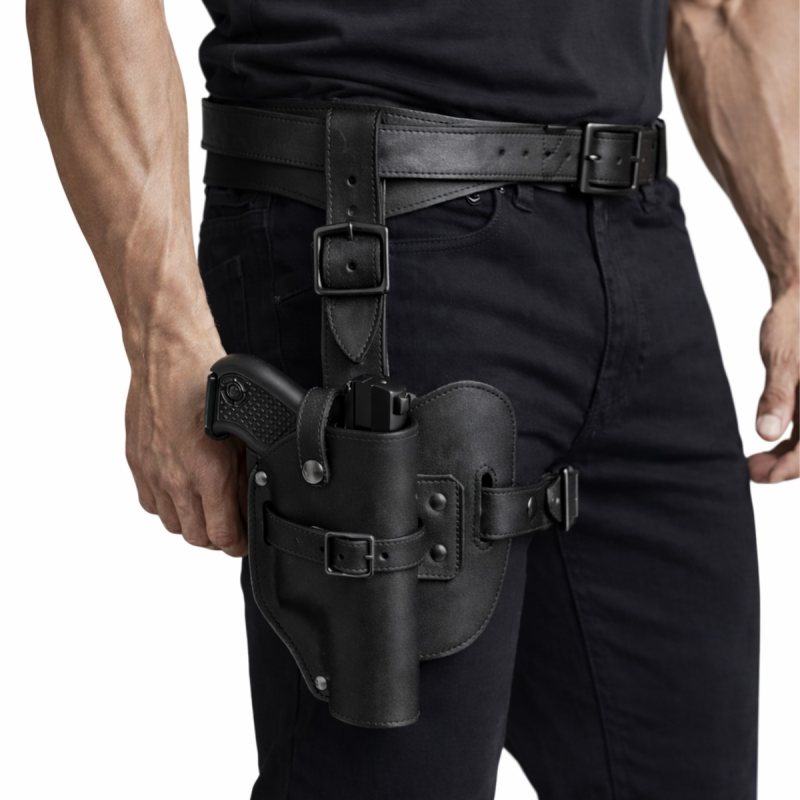 Funda artesanal de caza de pernera de cuero negro - Vista 5