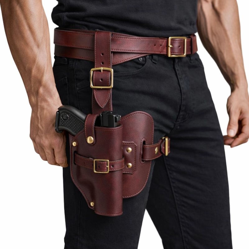 Funda artesanal de caza de pernera de cuero burdeos - Vista 6