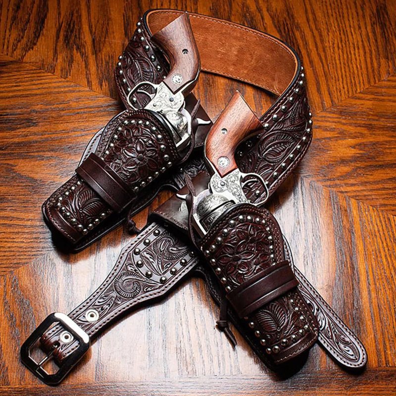 Cinturón portaarmas western artesanal de cuero con dos fundas exteriores OWB de boca abierta - Vista 7