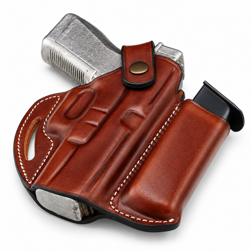 Funda para cinturón de cuero marrón hecha a mano con retención a presión y portacargador integrado, vista frontal