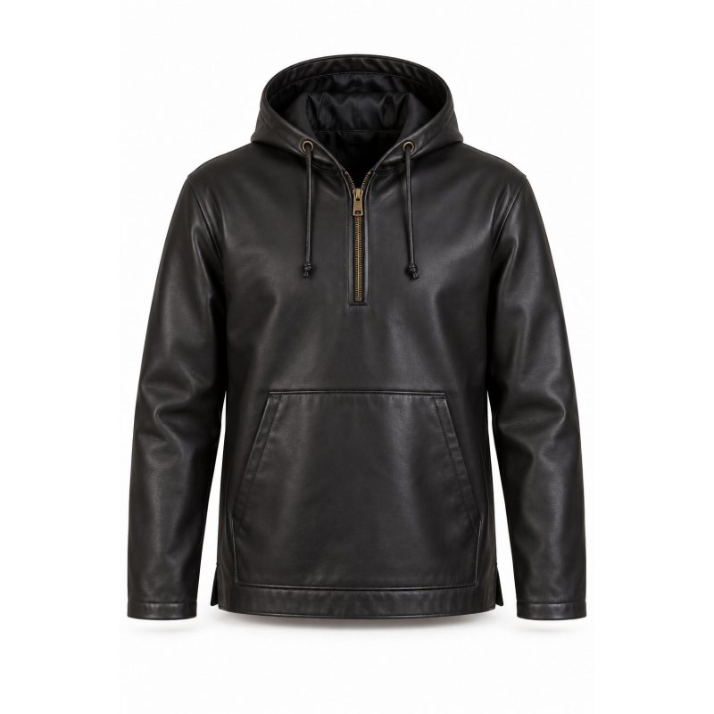 Anorak de piel a medida con capucha - Frontal completo, capucha y bolsillo canguro