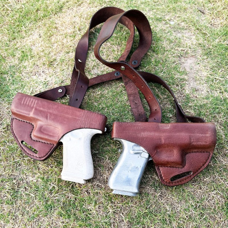 Funda doble de hombro horizontal de cuero marrón con boca abierta, convertible a OWB - Vista 6